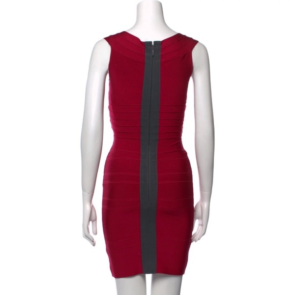 Herve Leger v neck cross cross detail red midi bandage dress w/ zipper & clasp - Picture 5 of 11